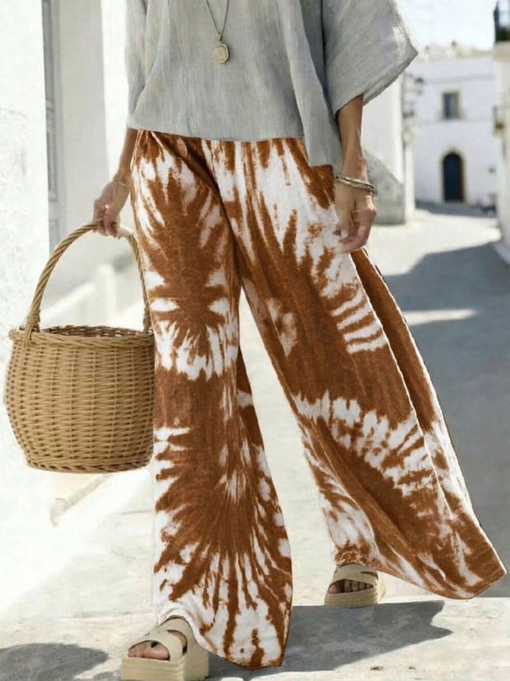 Brown Casual Women's Tie-Dye Print Wide Leg Pants